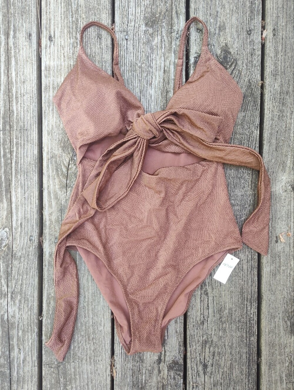 Aerie One Piece Cutout Swimsuit with Tie Shimmer Brown Copper Sz Medium
